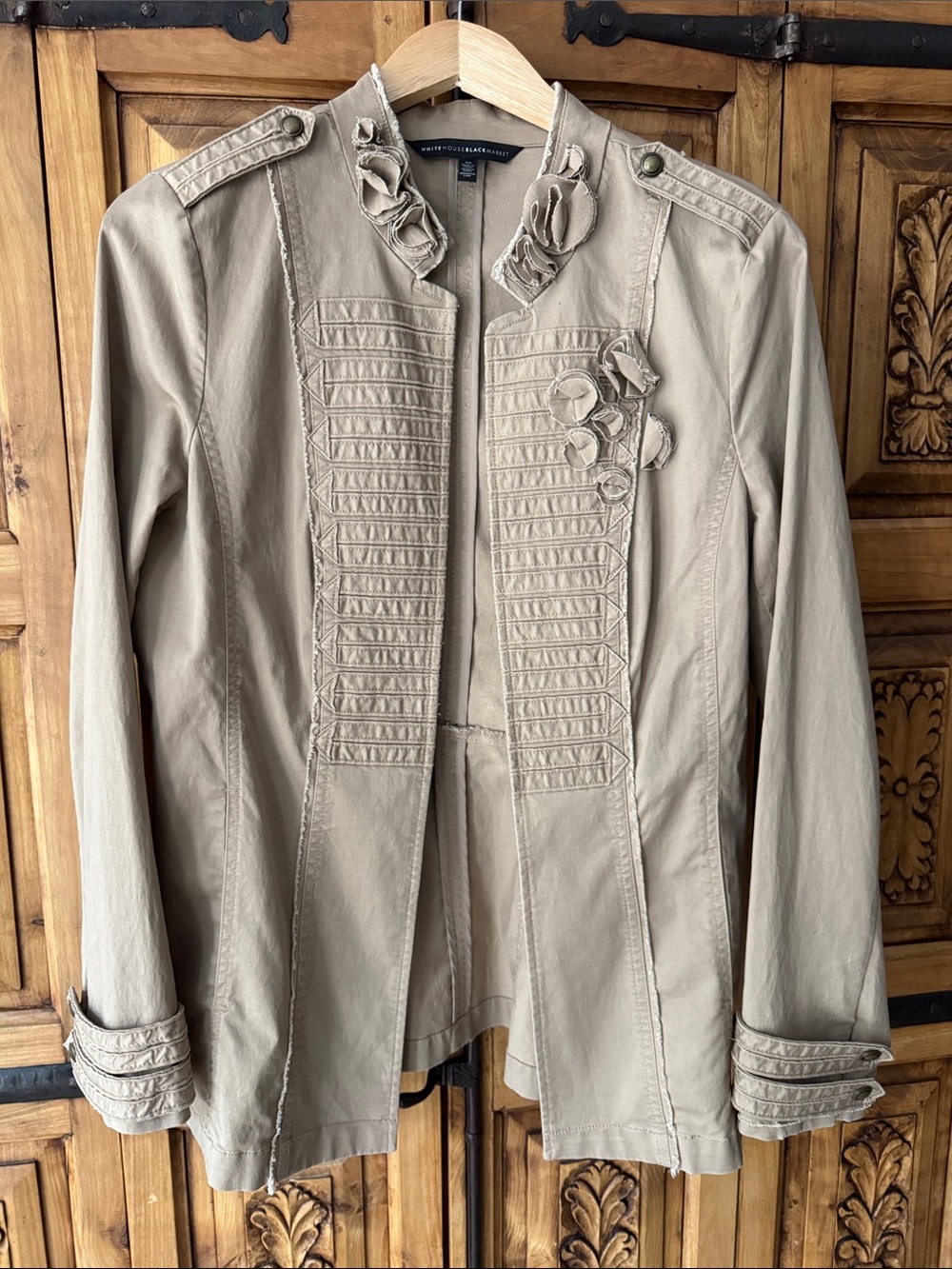 White House Black Market Beige Utility Jacket with Ruffle Detail